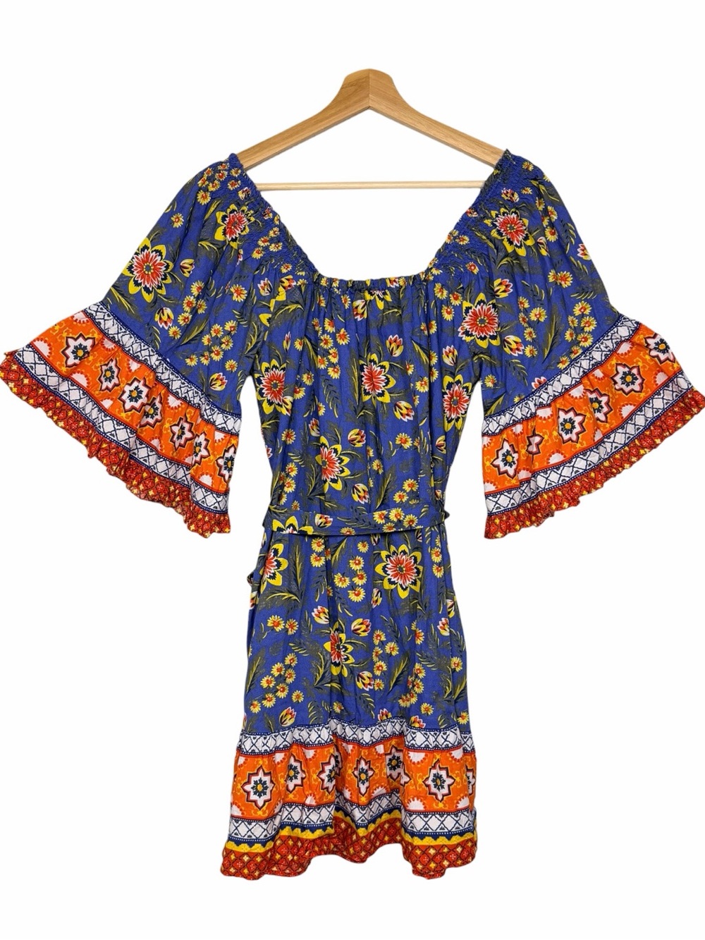 Joie Chloris Baja Blue Cotton Floral Mini Dress L Off Shoulder Boho - Picture 8 of 12